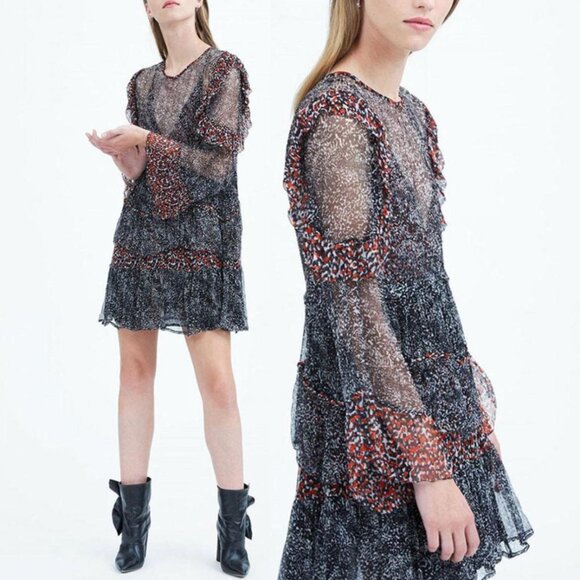 IRO Trille Long Sleeve Sheer Mixed Print Mini Dress - Picture 1 of 11